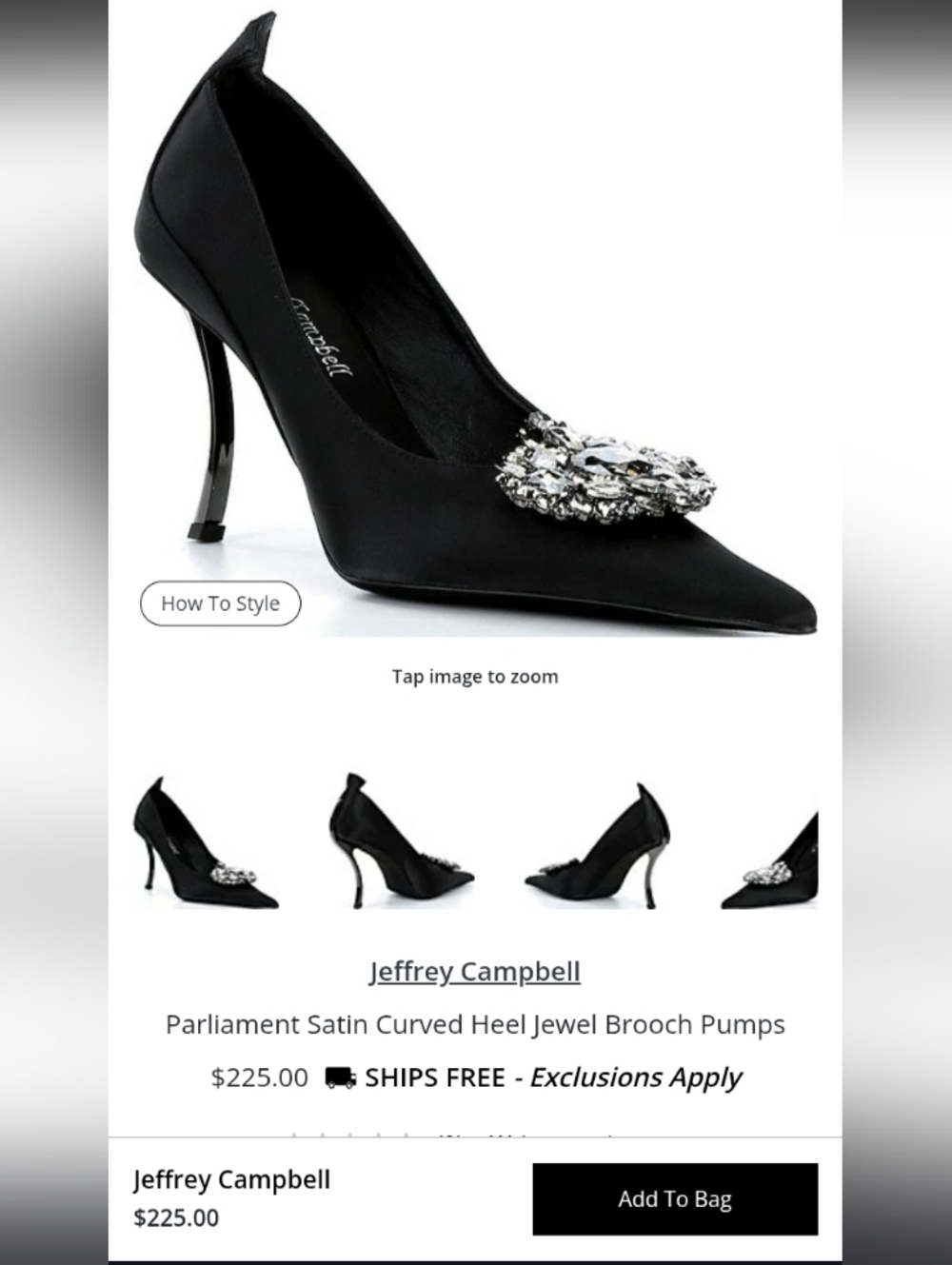 Jeffrey Campbell Black Satin Curved Heel Jewel Brooch Pumps
